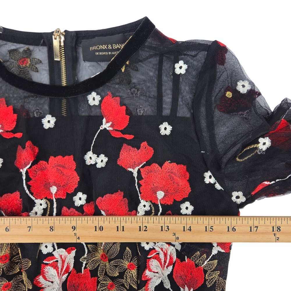 Bronx & Banco Mini Dress M Black Red Floral Embroidered Mesh Whimsigoth Cocktail - Picture 5 of 16